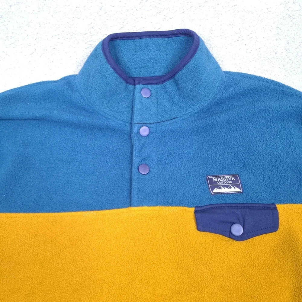 Massive Outdoor Fleece Sweater Mens XL Snap Button Pullover Gold Blue Colorblock